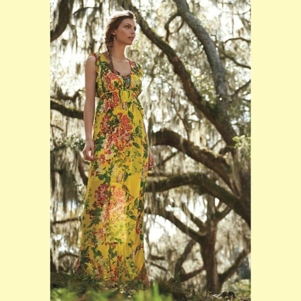 Anthropologie Plenty by Tracy Reese Yellow Floral Maxi Dress With Slip Medium